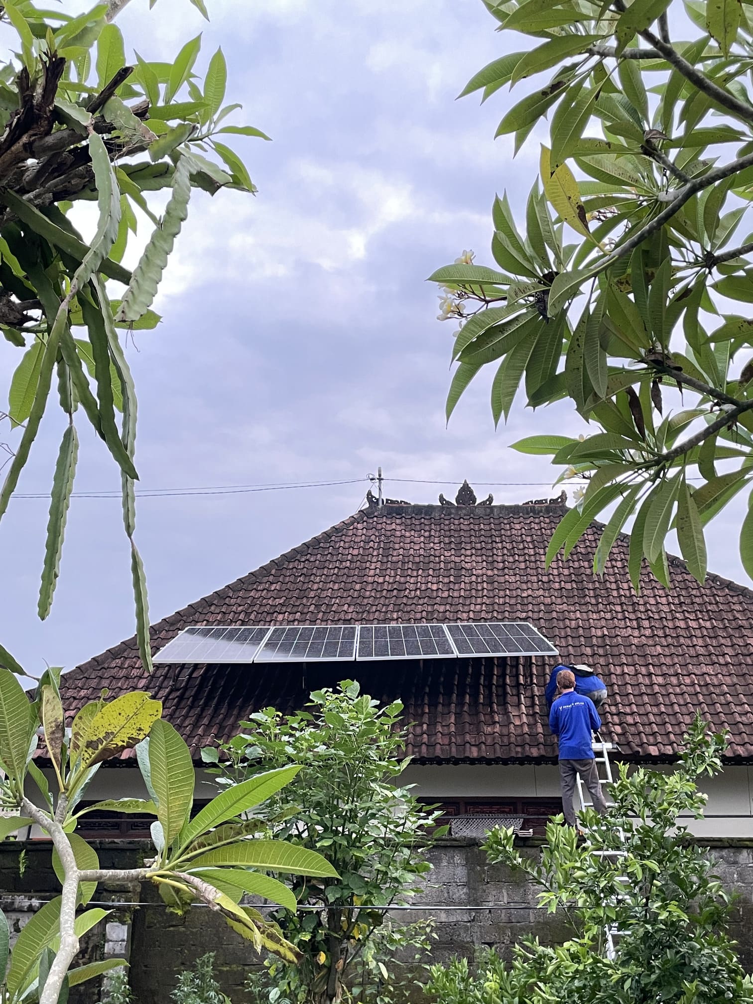 Solar panels being installed on a home in a lush environment